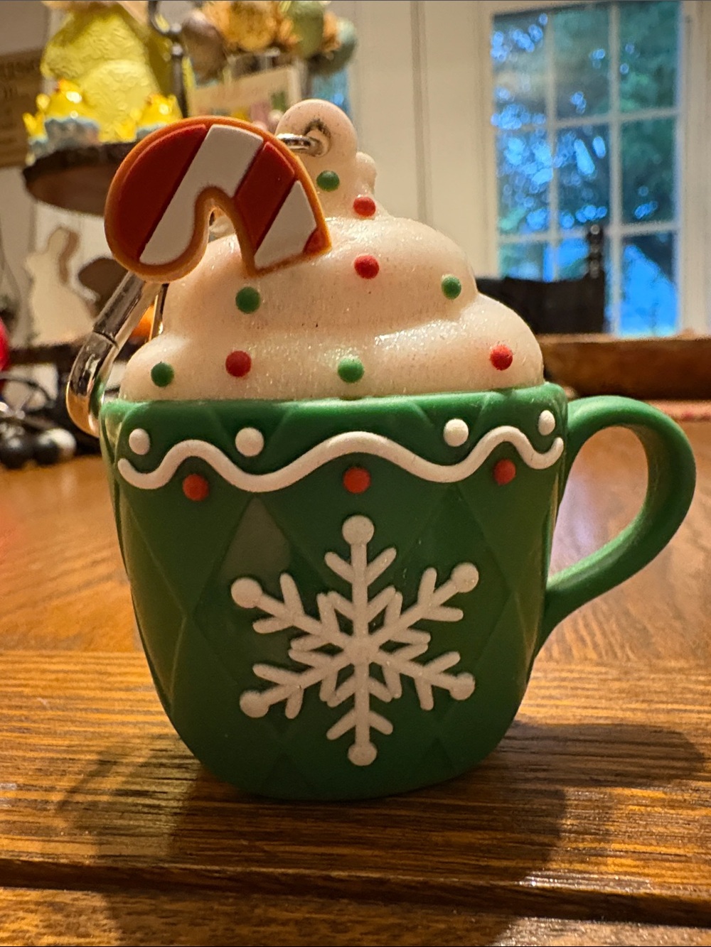 Festive Green Snowflake Mug hand sanitizer holder with Candy Cane Top -